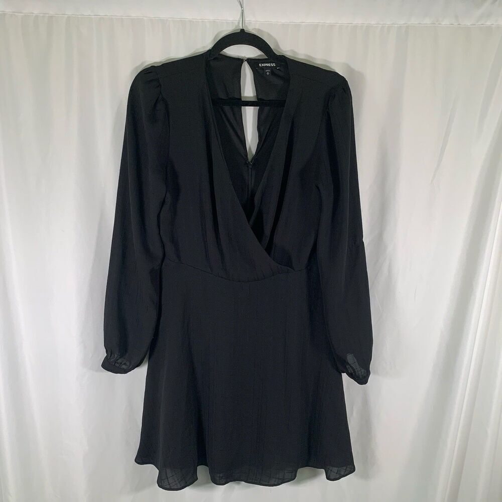 Express Knee Length Dress Women's Medium Black Vneck Long Sleeve Zip Back